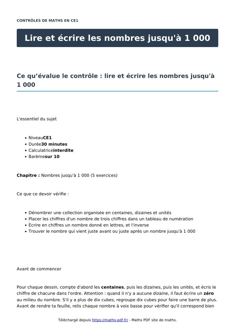 Lire et écrire les nombres jusqu’à 1 000 : contrôle de maths en CE1 corrigé en PDF