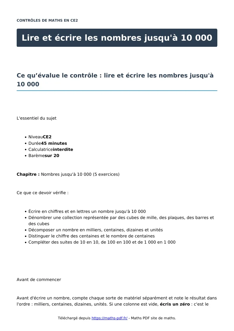 Lire et écrire les nombres jusqu’à 10 000 : contrôle de maths en CE2 corrigé en PDF