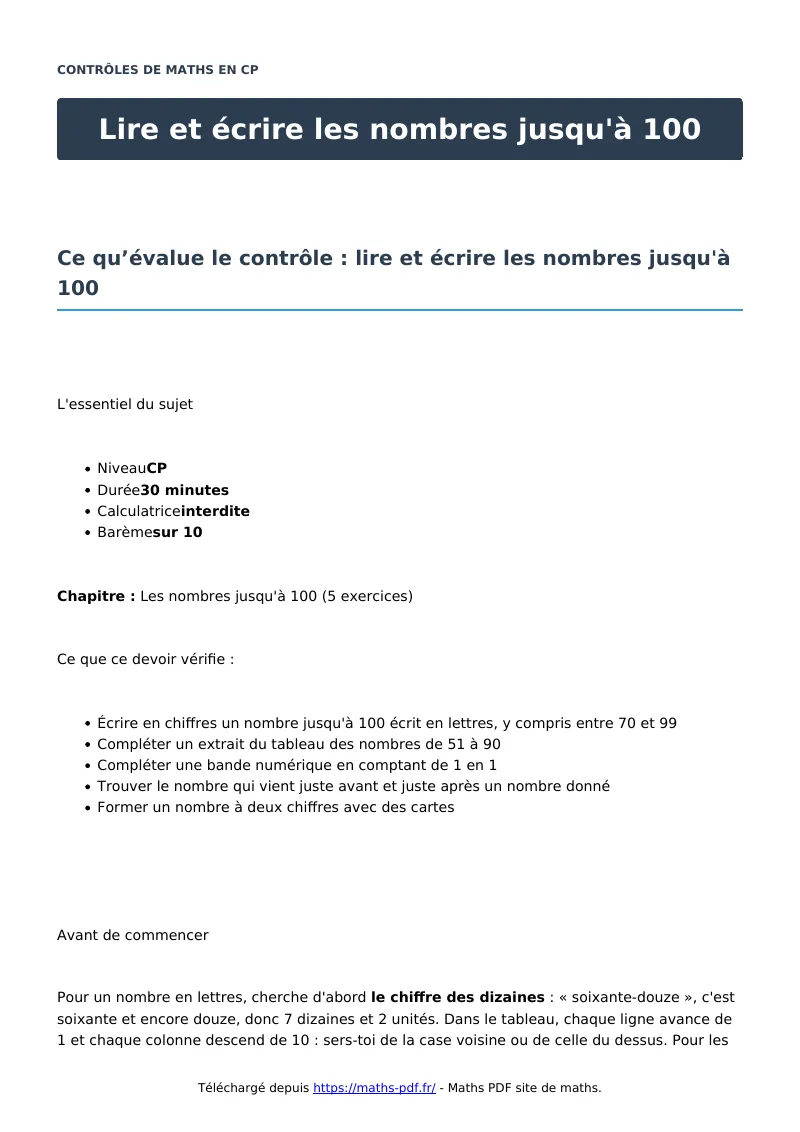 Lire et écrire les nombres jusqu’à 100 : contrôle de maths en CP corrigé en PDF