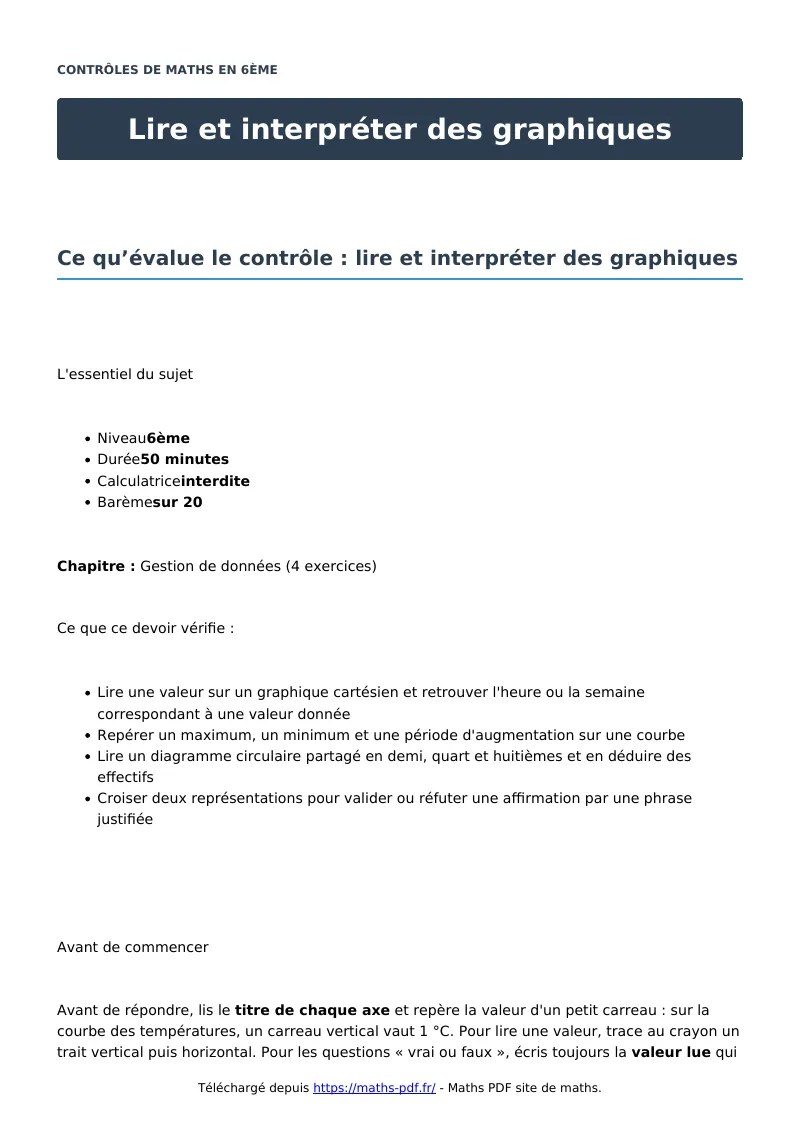 Lire et interpréter des graphiques : contrôle de maths en 6ème corrigé en PDF