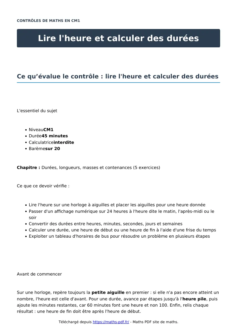 Lire l’heure et calculer des durées : contrôle de maths en CM1 corrigé en PDF