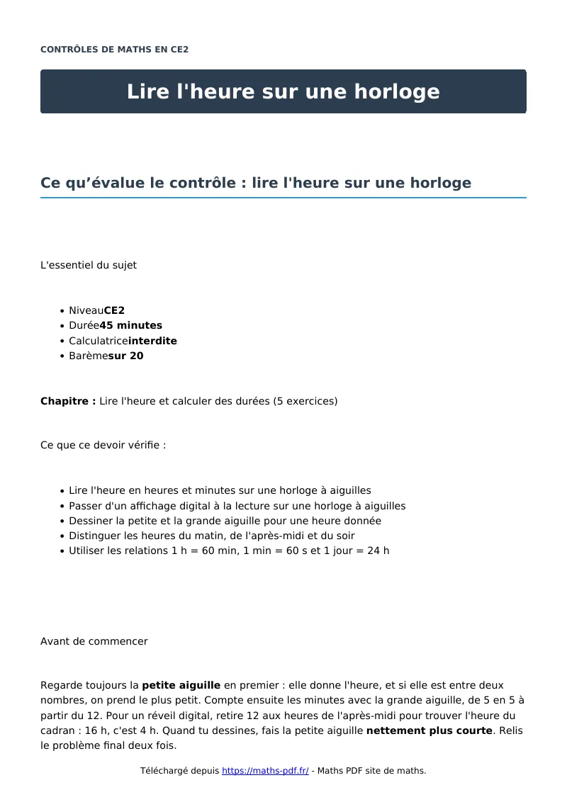 Lire l’heure sur une horloge : contrôle de maths en CE2 corrigé en PDF