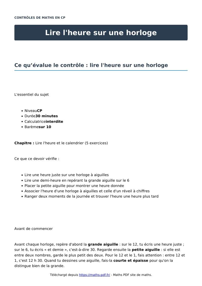 Lire l’heure sur une horloge : contrôle de maths en CP corrigé en PDF