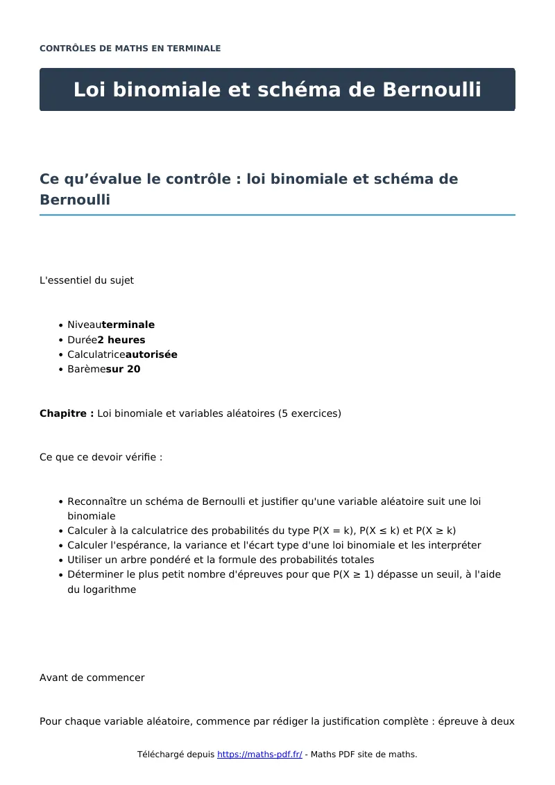 Loi binomiale et schéma de Bernoulli : contrôle de maths en terminale corrigé en PDF