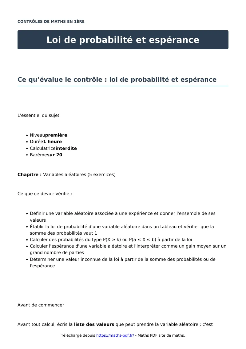 Loi de probabilité et espérance : contrôle de maths en première corrigé en PDF