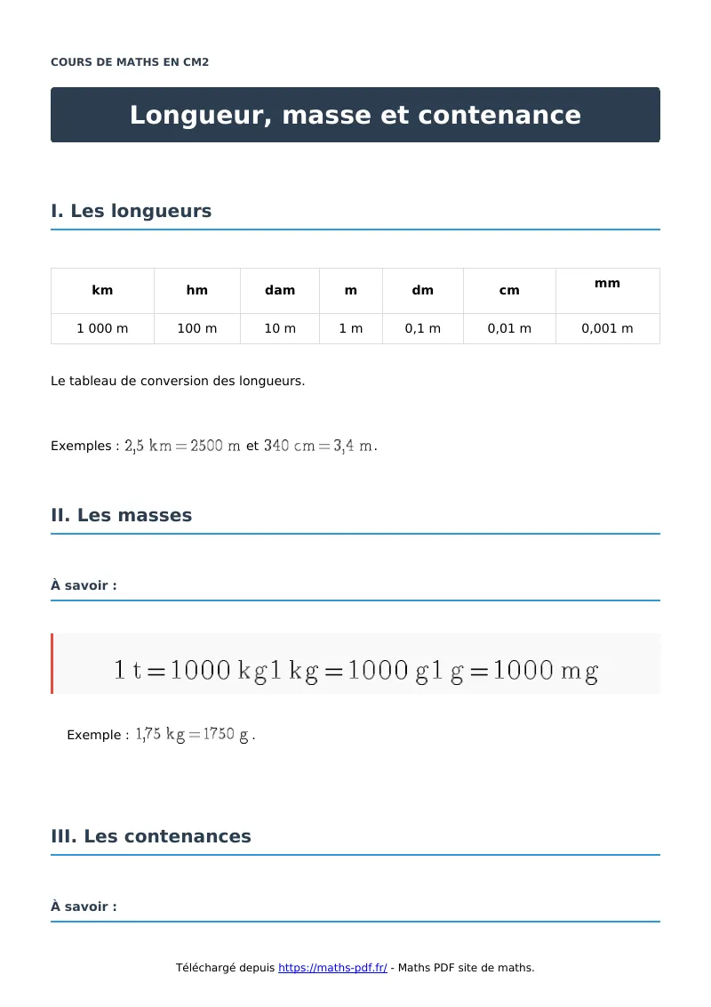 Longueur, masse et contenance : cours de maths en CM2 en PDF