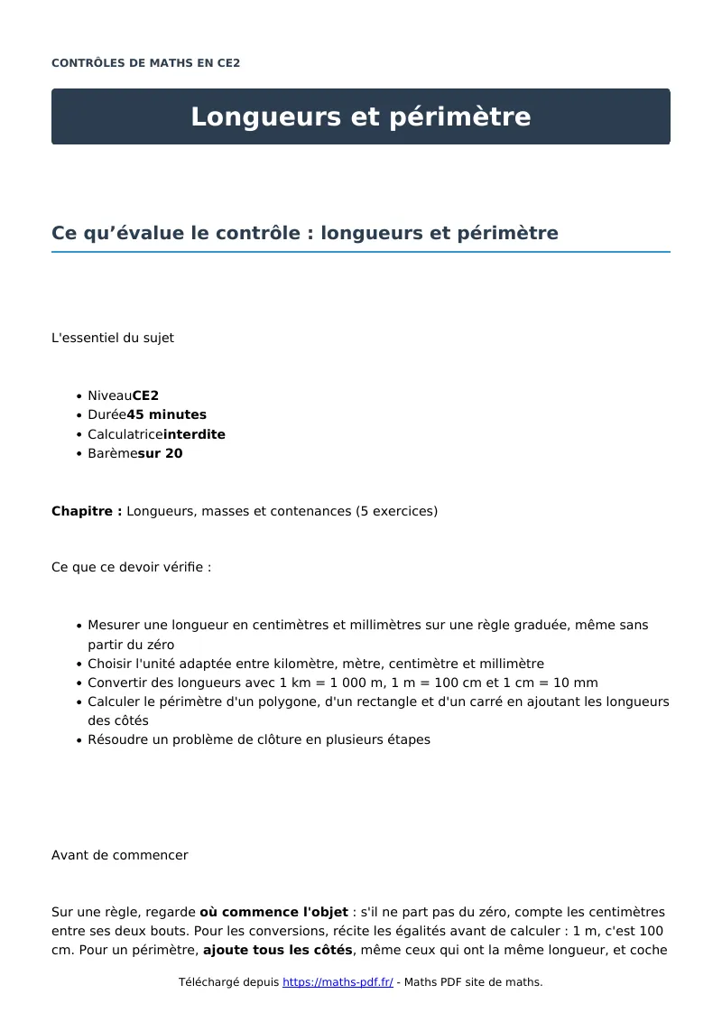 Longueurs et périmètre : contrôle de maths en CE2 corrigé en PDF