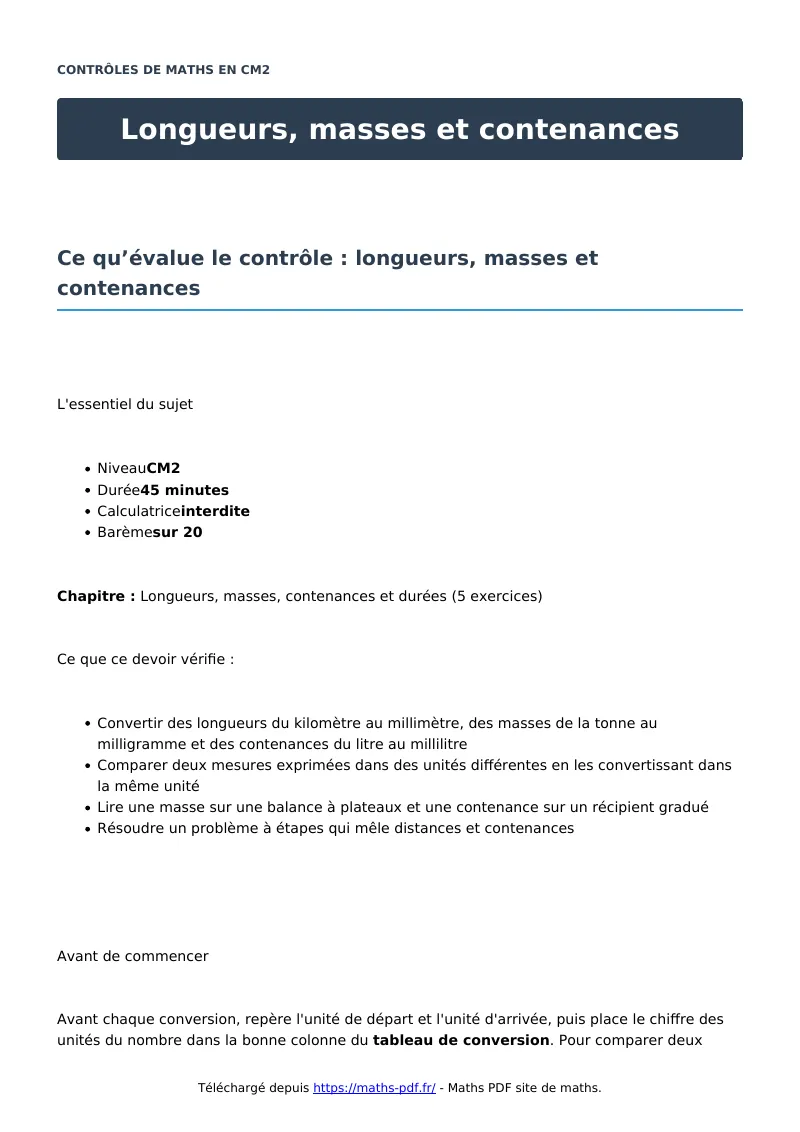 Longueurs, masses et contenances : contrôle de maths en CM2 corrigé en PDF