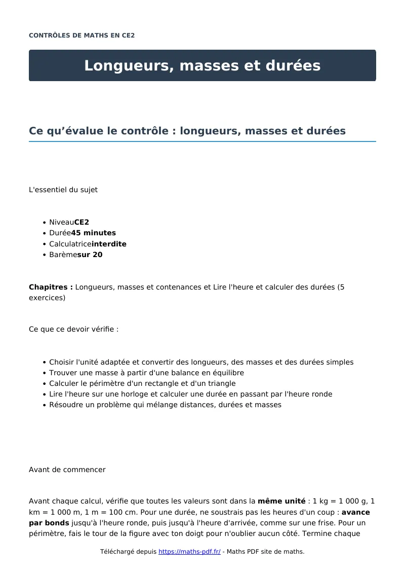 Longueurs, masses et durées : contrôle de maths en CE2 corrigé en PDF