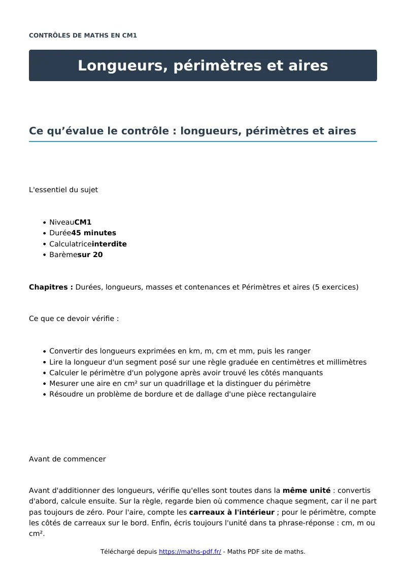 Longueurs, périmètres et aires : contrôle de maths en CM1 corrigé en PDF