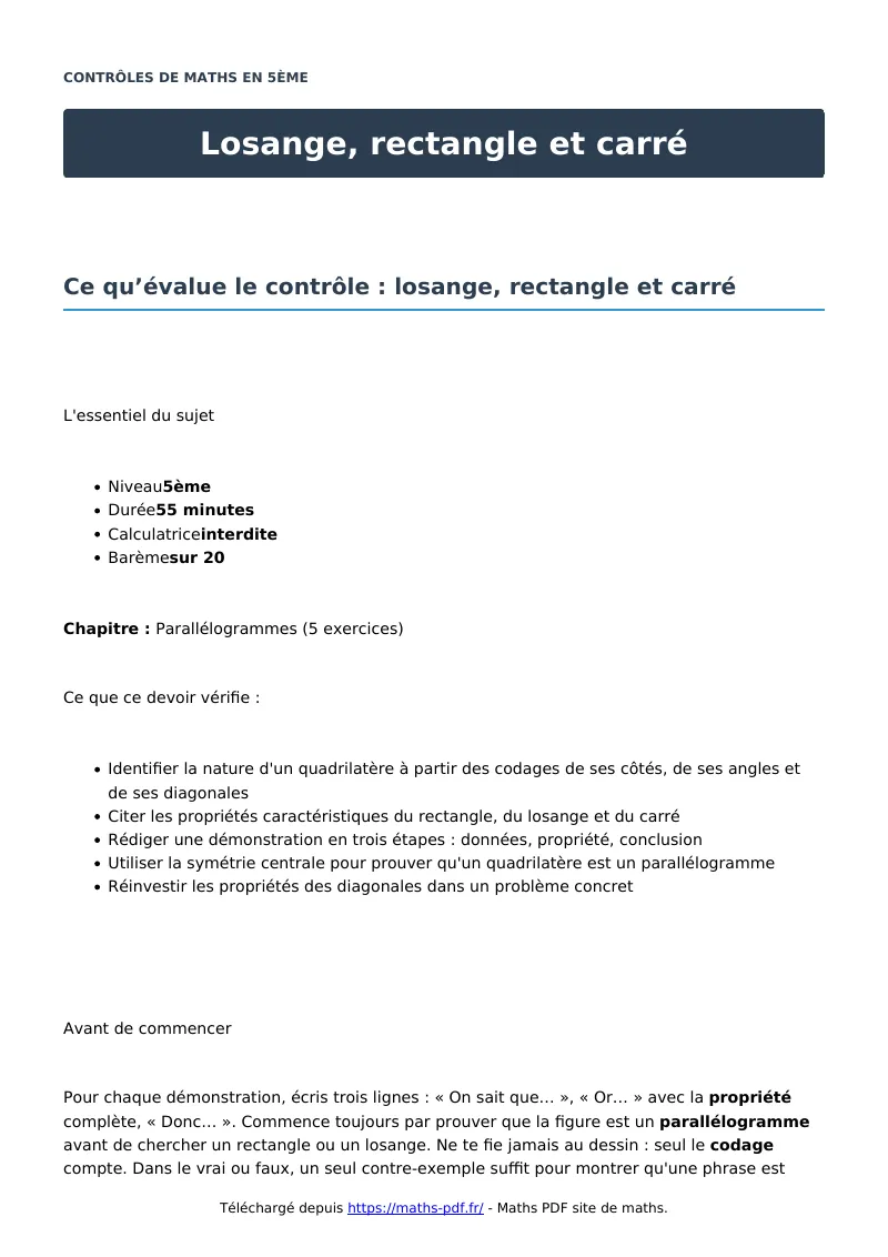 Losange, rectangle et carré : contrôle de maths en 5ème corrigé en PDF