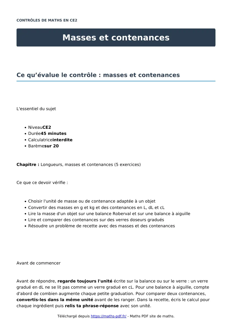 Masses et contenances : contrôle de maths en CE2 corrigé en PDF