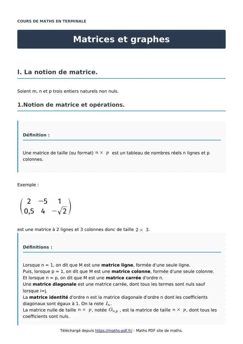 Matrices et graphes : cours de maths en terminale en PDF