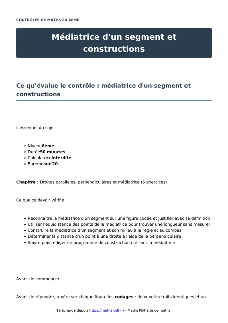 Médiatrice d’un segment et constructions : contrôle de maths en 6ème corrigé en PDF