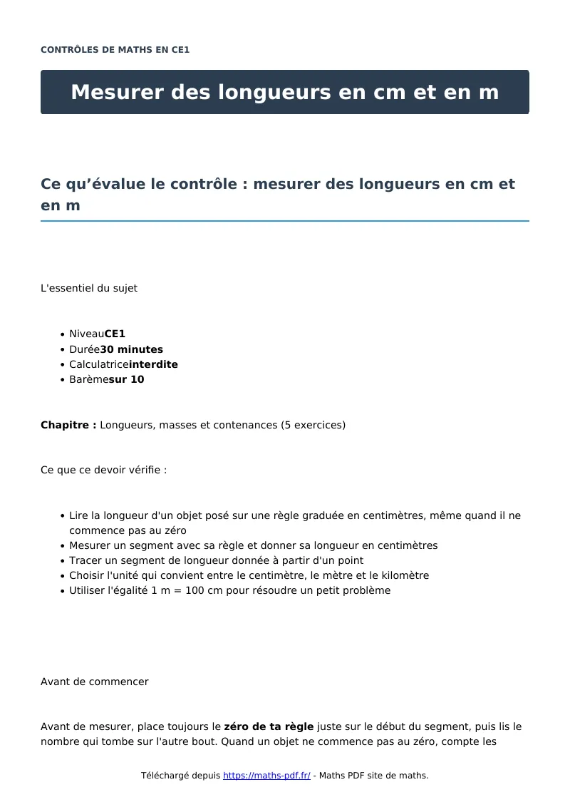 Mesurer des longueurs en cm et en m : contrôle de maths en CE1 corrigé en PDF