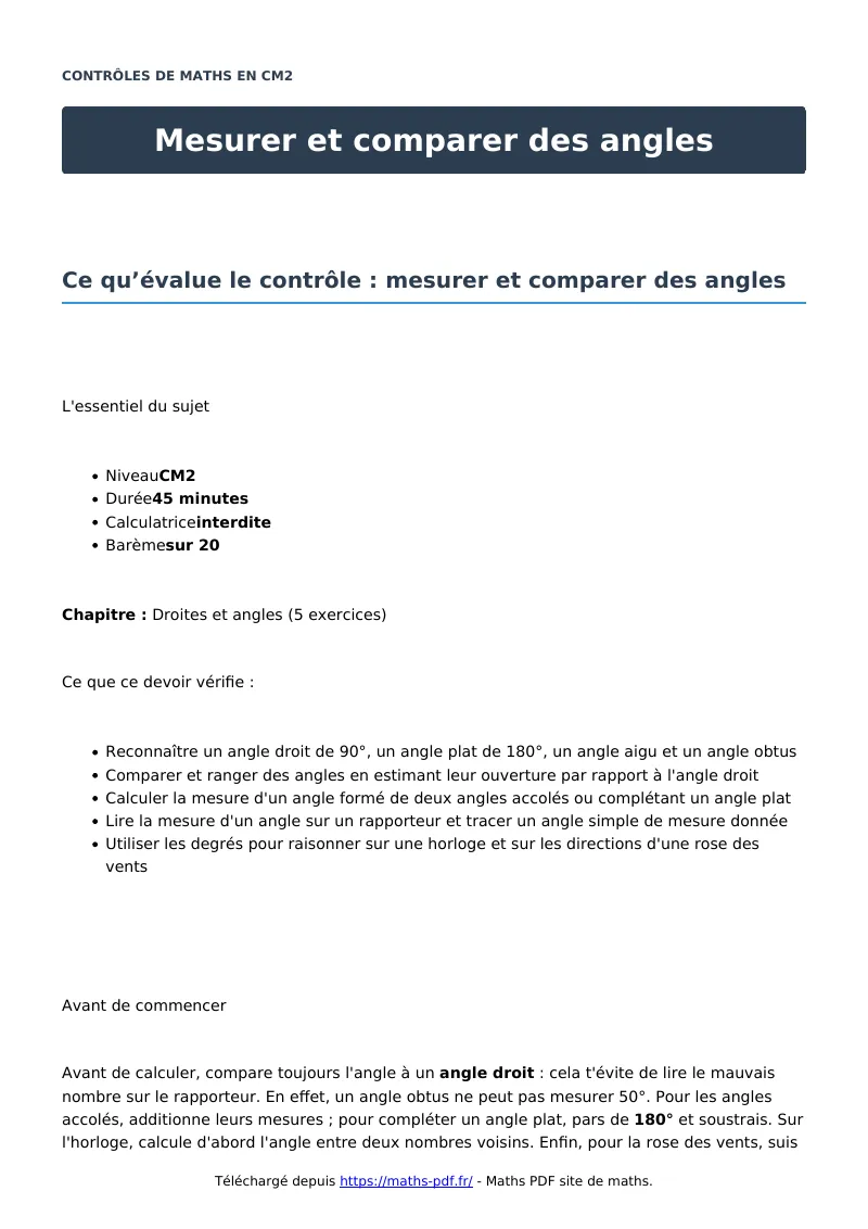 Mesurer et comparer des angles : contrôle de maths en CM2 corrigé en PDF
