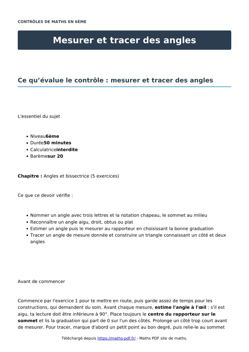 Mesurer et tracer des angles : contrôle de maths en 6ème corrigé en PDF