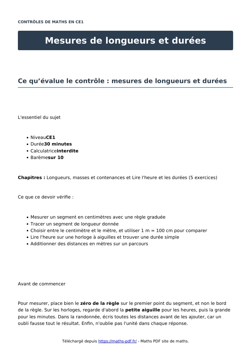 Mesures de longueurs et durées : contrôle de maths en CE1 corrigé en PDF