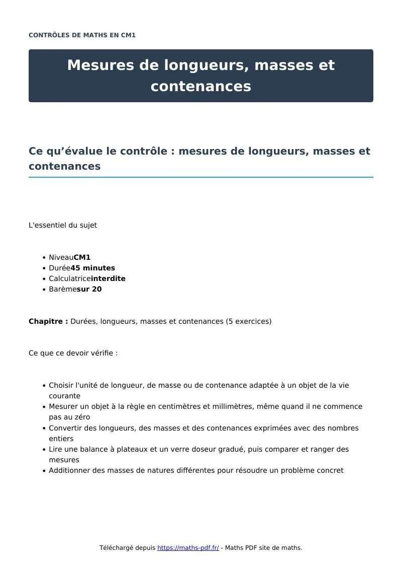 Mesures de longueurs, masses et contenances : contrôle de maths en CM1 corrigé en PDF