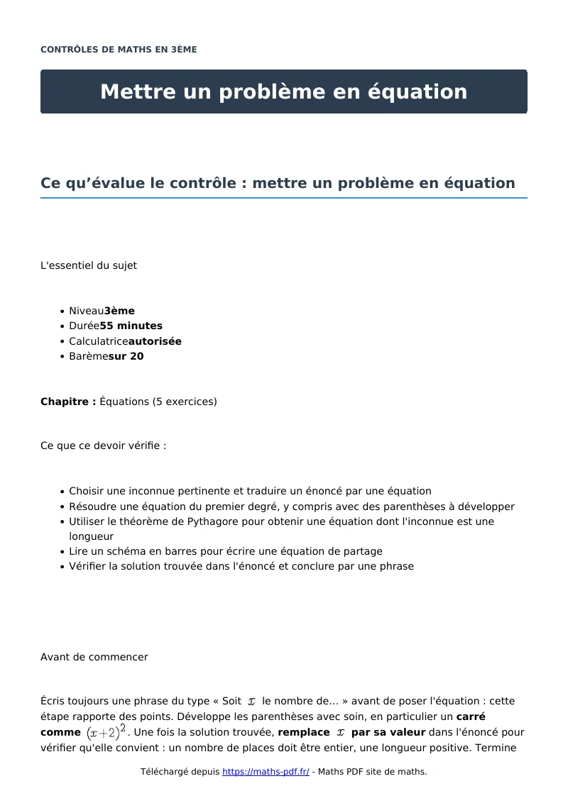 Mettre un problème en équation : contrôle de maths en 3ème corrigé en PDF