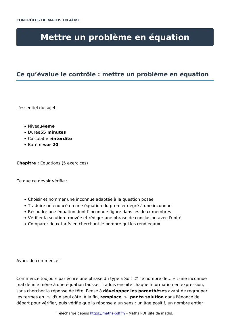 Mettre un problème en équation : contrôle de maths en 4ème corrigé en PDF