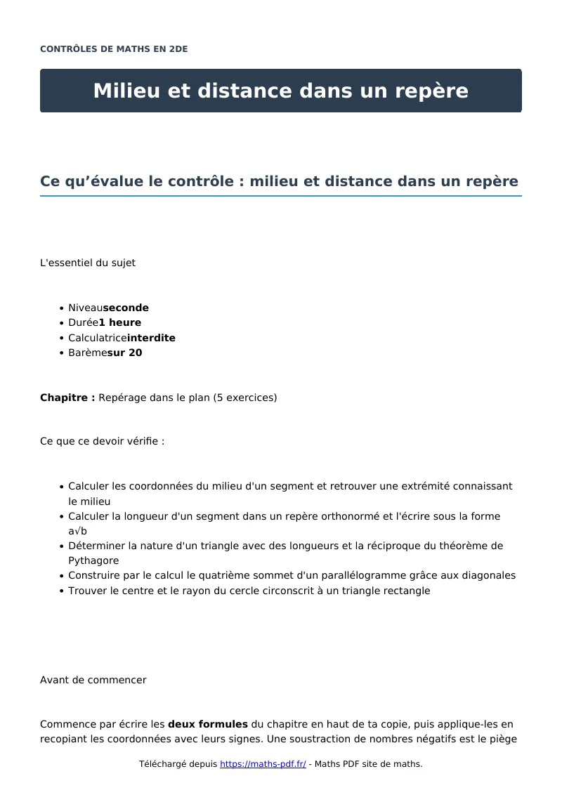 Milieu et distance dans un repère : contrôle de maths en seconde corrigé en PDF