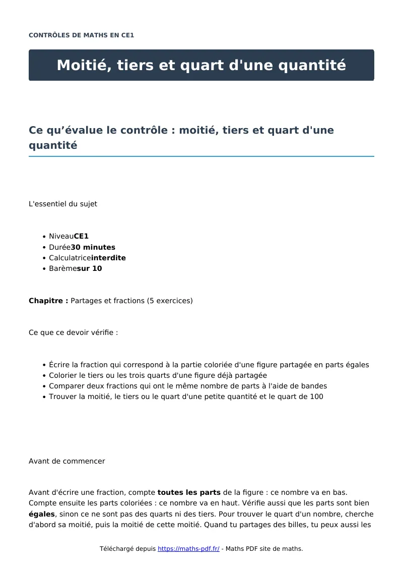 Moitié, tiers et quart d’une quantité : contrôle de maths en CE1 corrigé en PDF