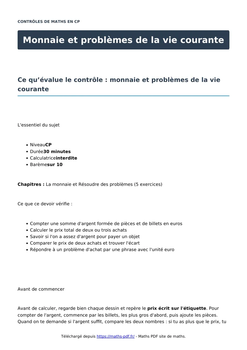 Monnaie et problèmes de la vie courante : contrôle de maths en CP corrigé en PDF
