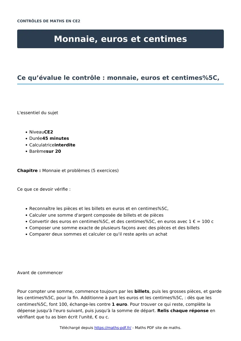 Monnaie, euros et centimes : contrôle de maths en CE2 corrigé en PDF
