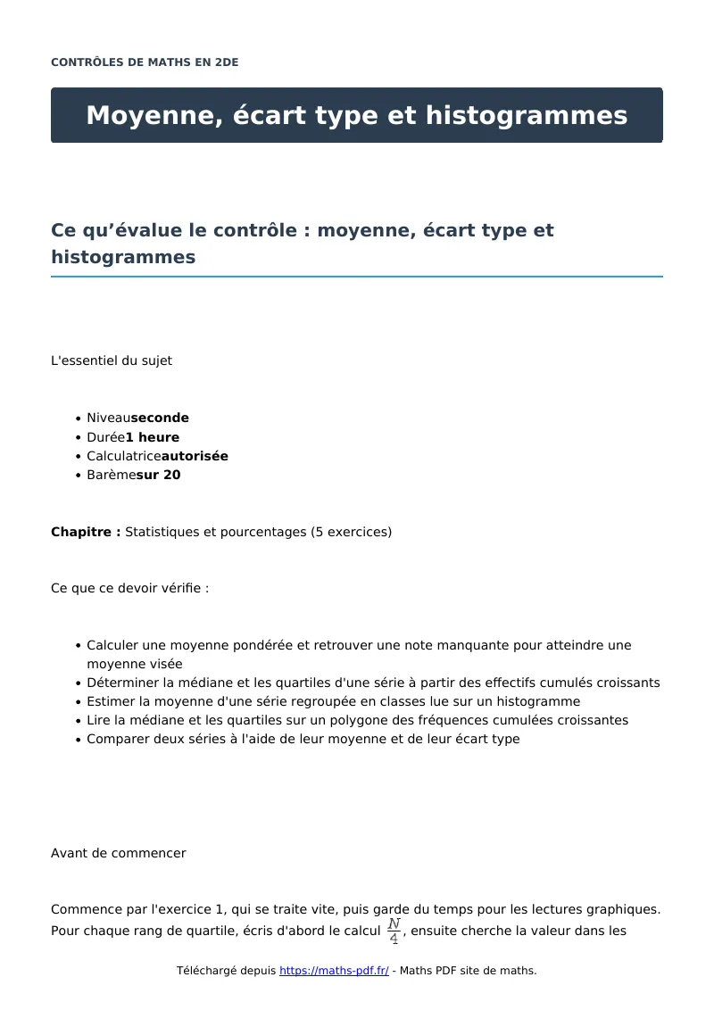 Moyenne, écart type et histogrammes : contrôle de maths en seconde corrigé en PDF