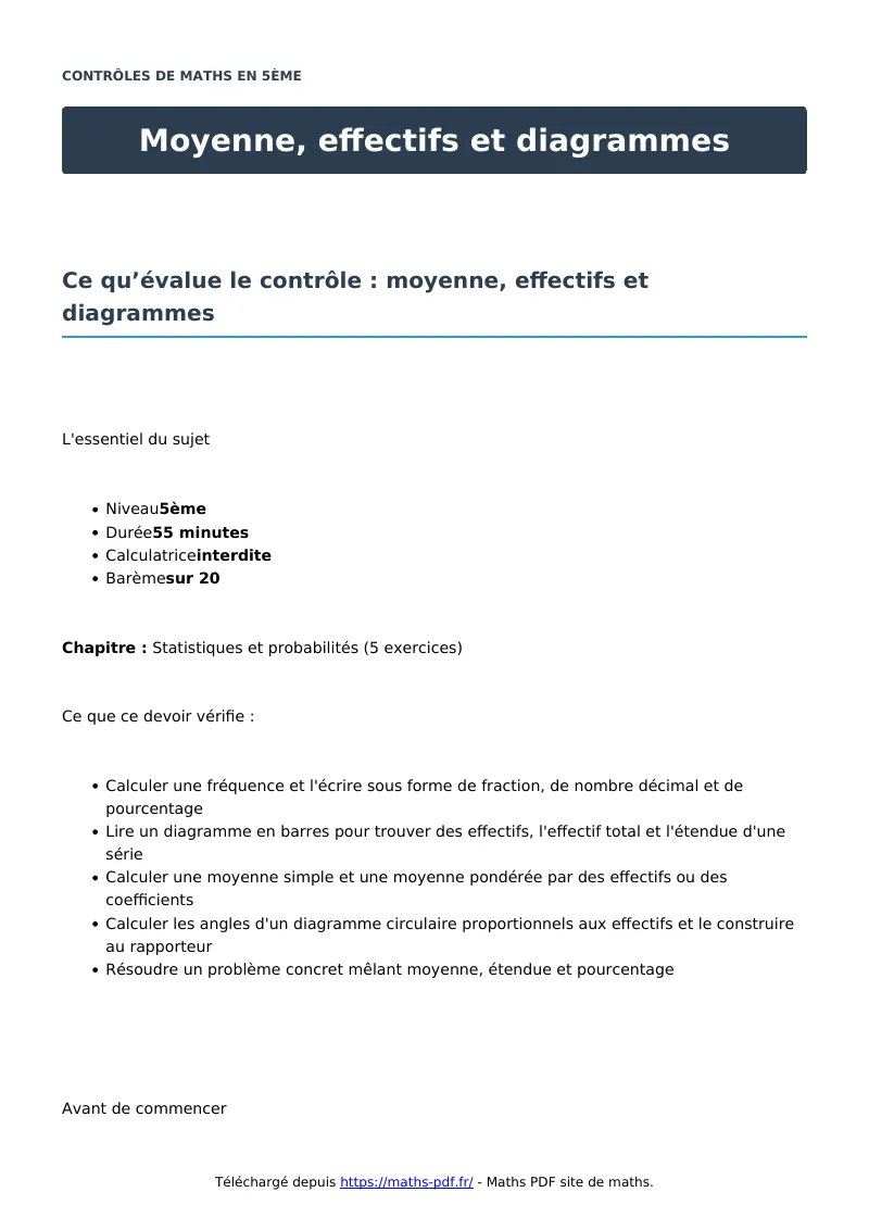 Moyenne, effectifs et diagrammes : contrôle de maths en 5ème corrigé en PDF
