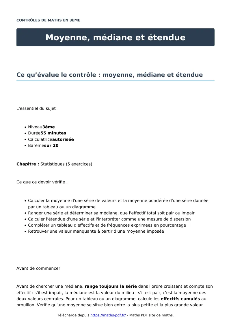 Moyenne, médiane et étendue : contrôle de maths en 3ème corrigé en PDF