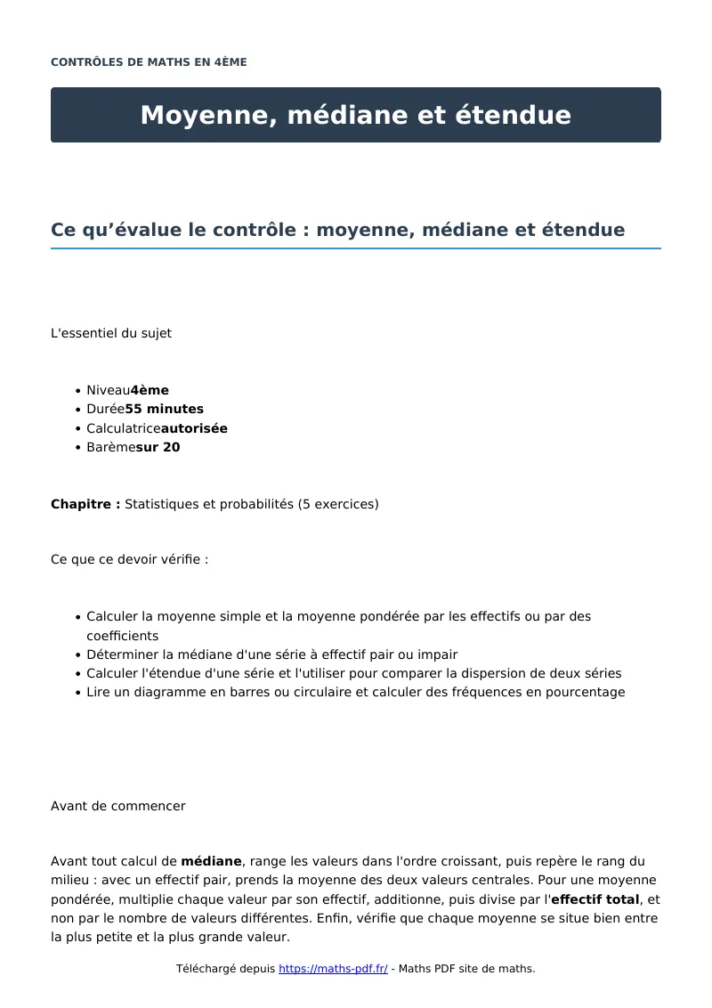 Moyenne, médiane et étendue : contrôle de maths en 4ème corrigé en PDF