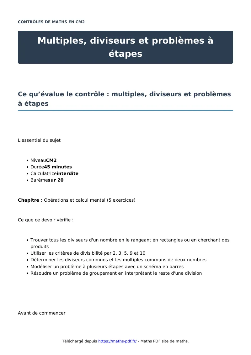 Multiples, diviseurs et problèmes à étapes : contrôle de maths en CM2 corrigé en PDF