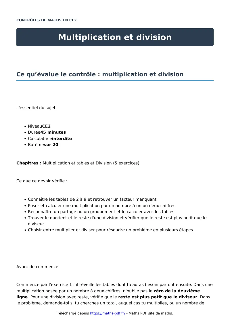 Multiplication et division : contrôle de maths en CE2 corrigé en PDF