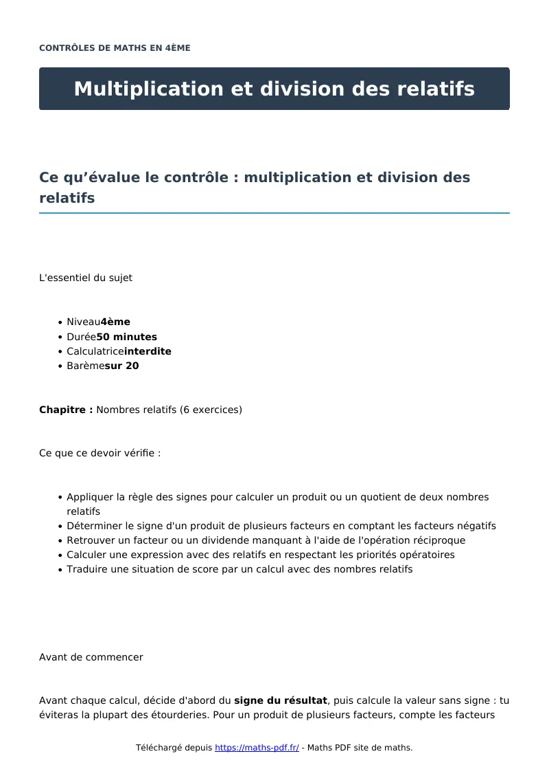 Multiplication et division des relatifs : contrôle de maths en 4ème corrigé en PDF