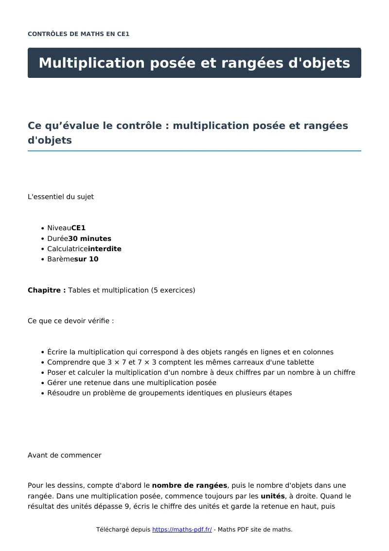 Multiplication posée et rangées d’objets : contrôle de maths en CE1 corrigé en PDF