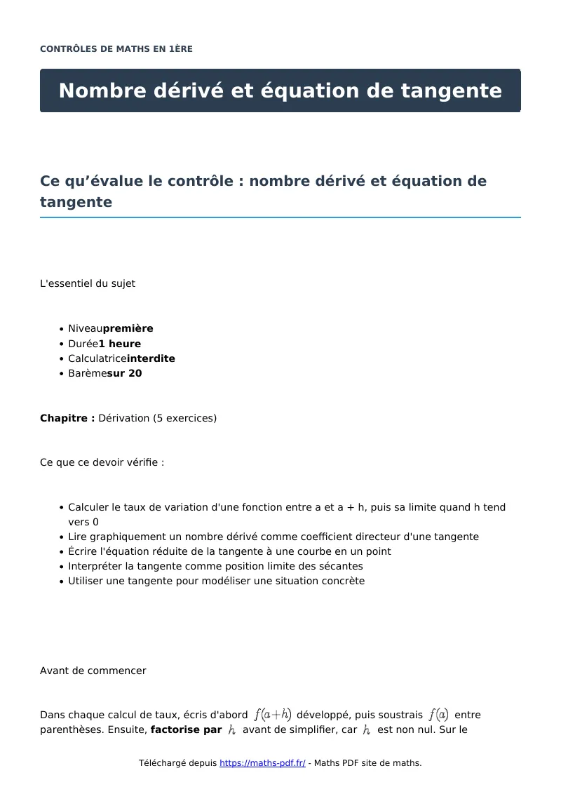 Nombre dérivé et équation de tangente : contrôle de maths en première corrigé en PDF