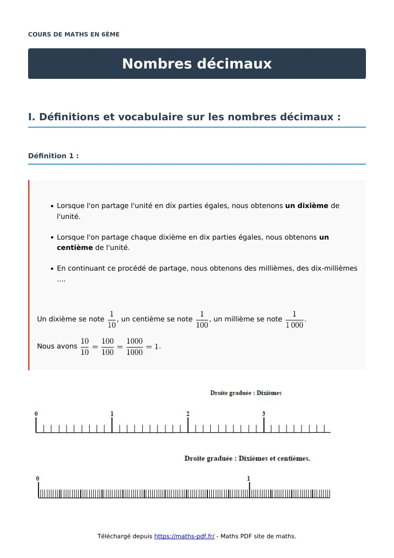 Nombres décimaux : cours de maths en 6ème en PDF