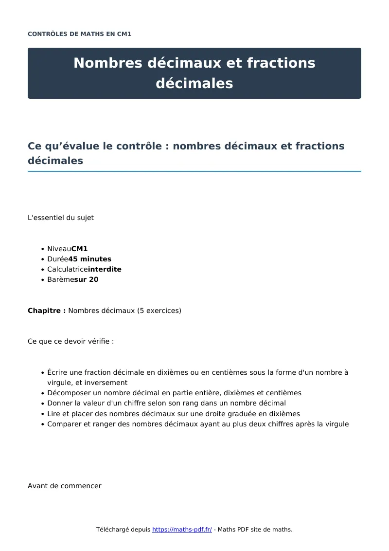 Nombres décimaux et fractions décimales : contrôle de maths en CM1 corrigé en PDF
