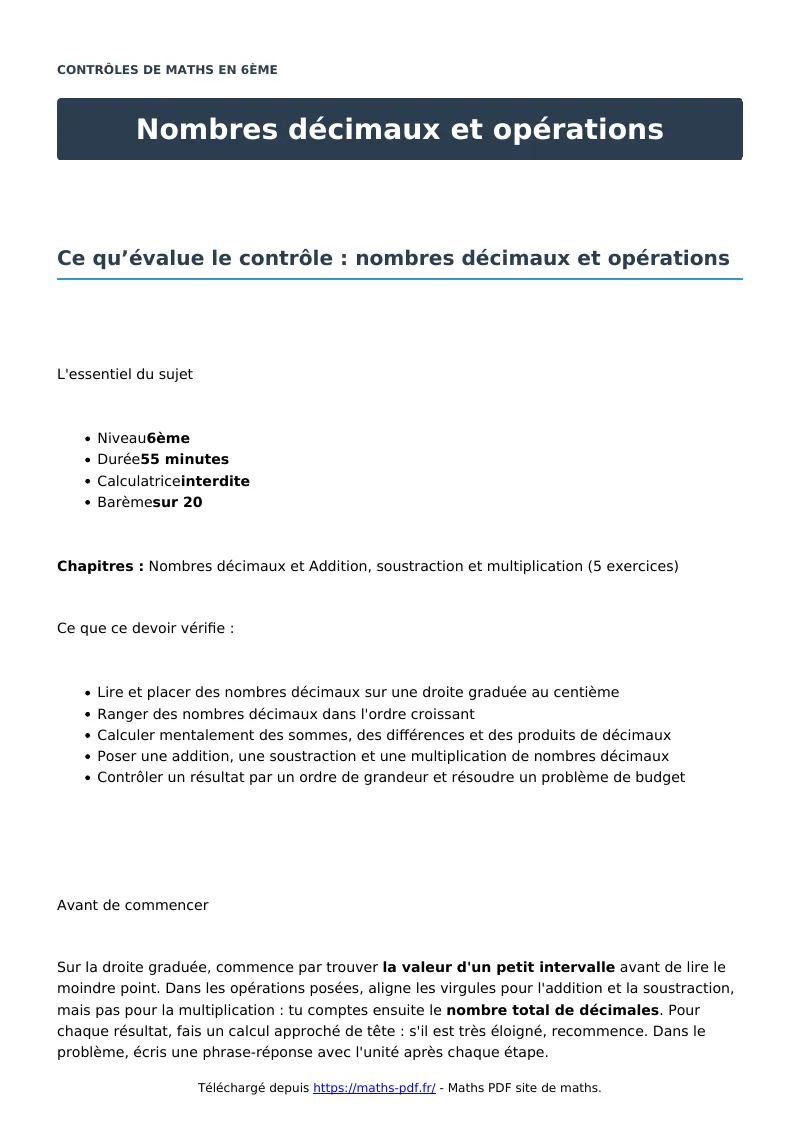 Nombres décimaux et opérations : contrôle de maths en 6ème corrigé en PDF