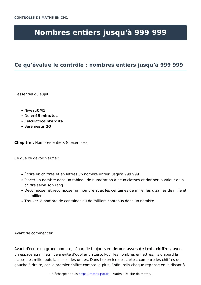 Nombres entiers jusqu’à 999 999 : contrôle de maths en CM1 corrigé en PDF