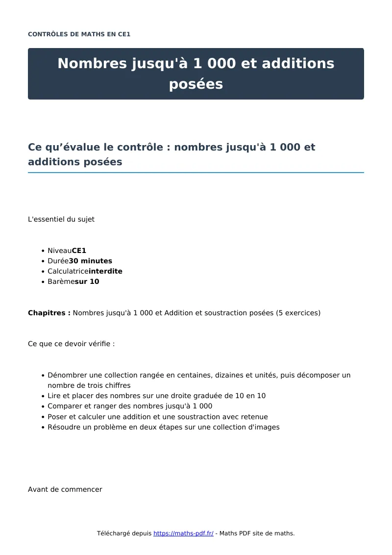 Nombres jusqu’à 1 000 et additions posées : contrôle de maths en CE1 corrigé en PDF