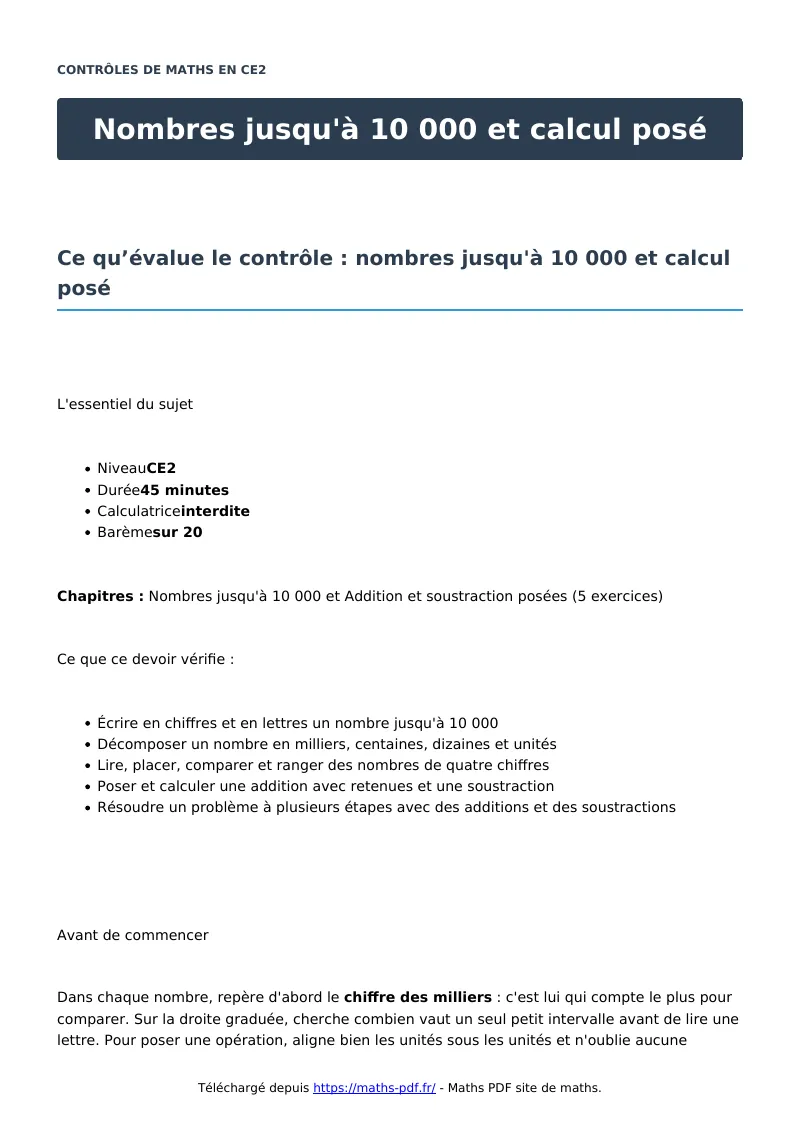 Nombres jusqu’à 10 000 et calcul posé : contrôle de maths en CE2 corrigé en PDF
