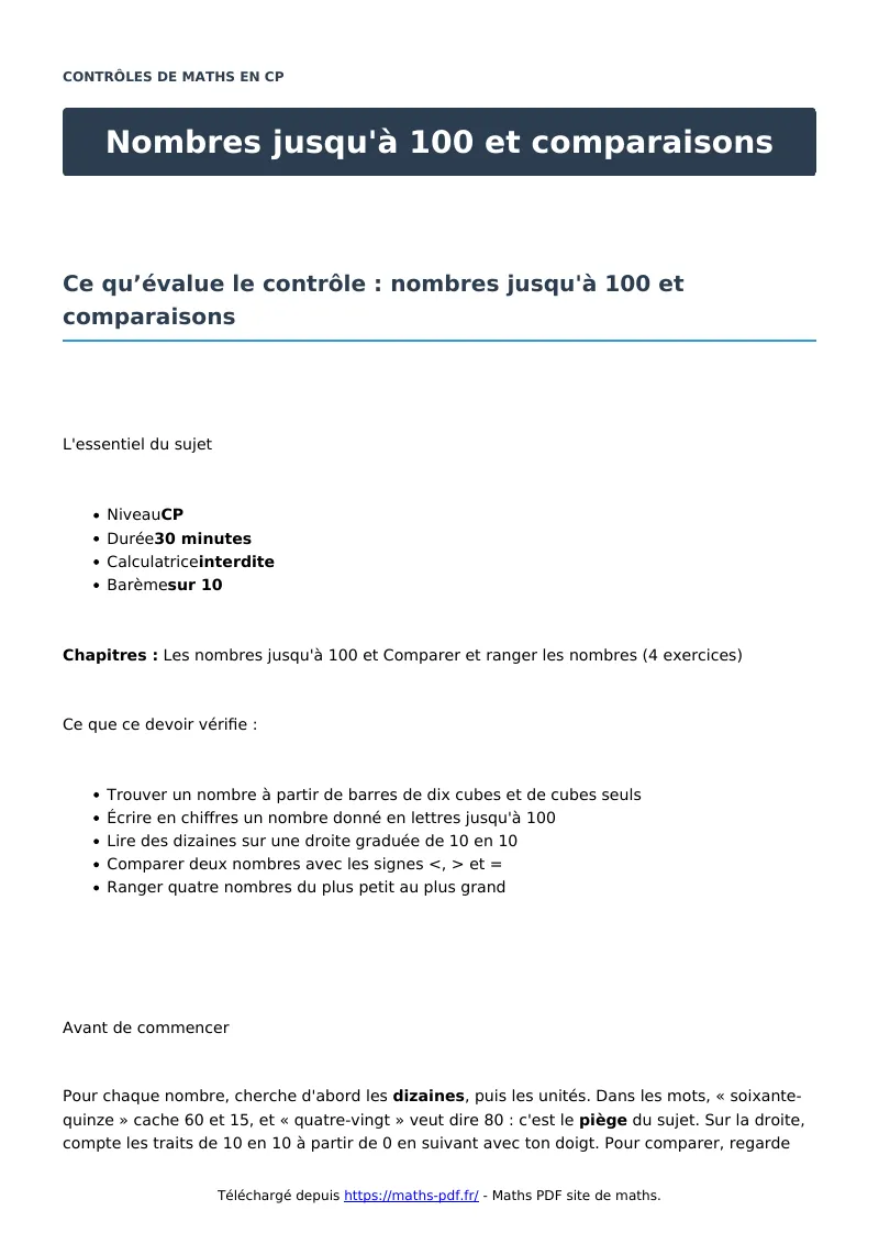Nombres jusqu’à 100 et comparaisons : contrôle de maths en CP corrigé en PDF
