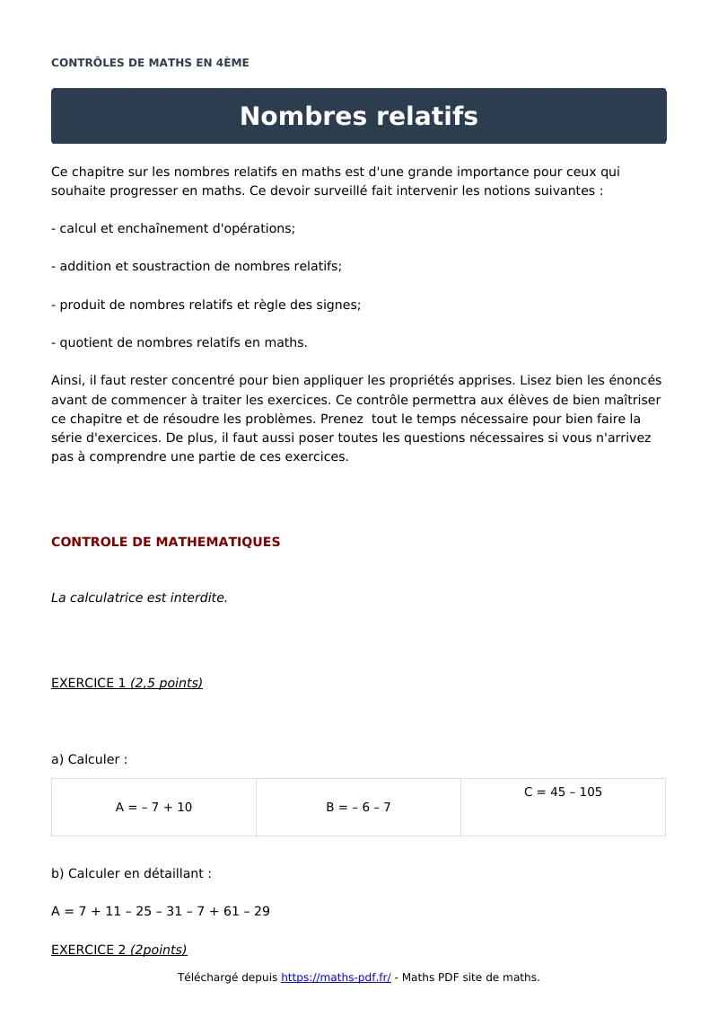Nombres relatifs : contrôle de maths en 4ème corrigé en PDF