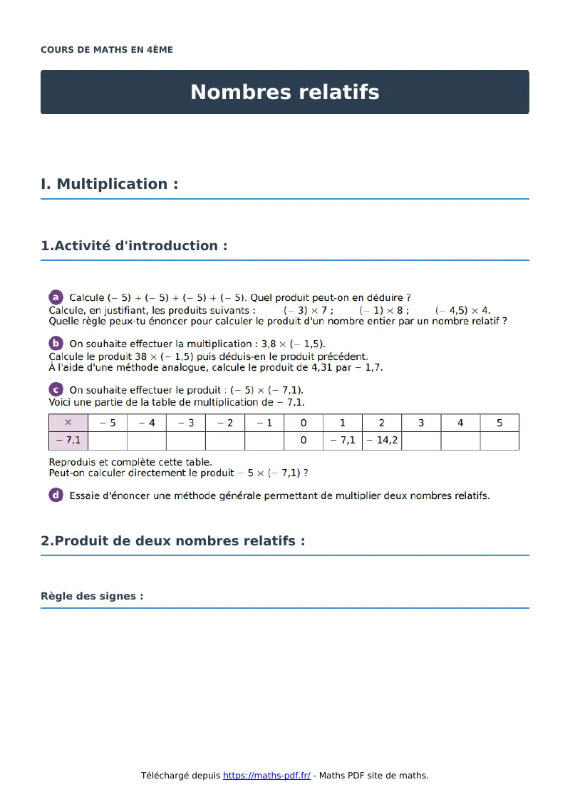 Nombres relatifs : cours de maths en 4ème en PDF