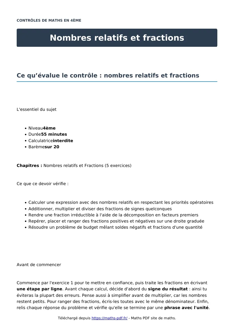 Nombres relatifs et fractions : contrôle de maths en 4ème corrigé en PDF