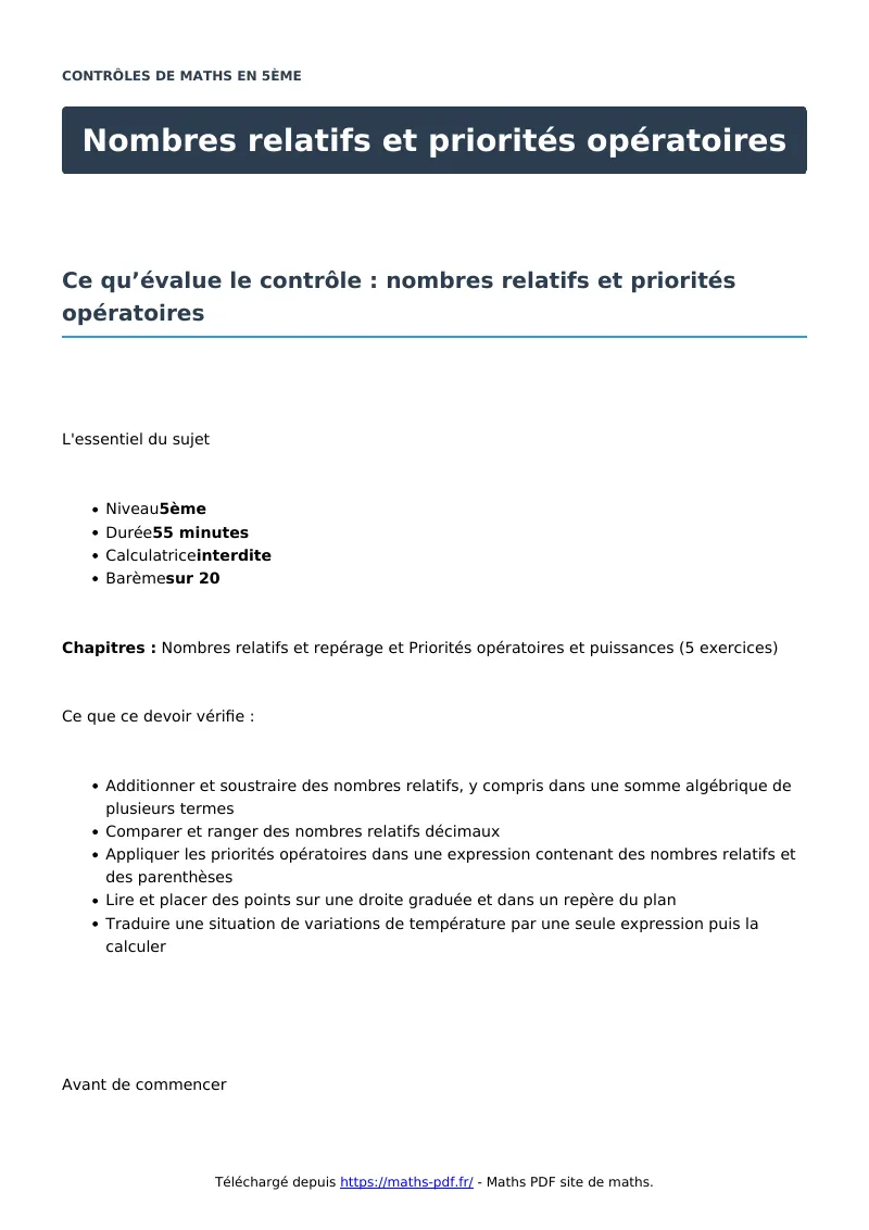Nombres relatifs et priorités opératoires : contrôle de maths en 5ème corrigé en PDF