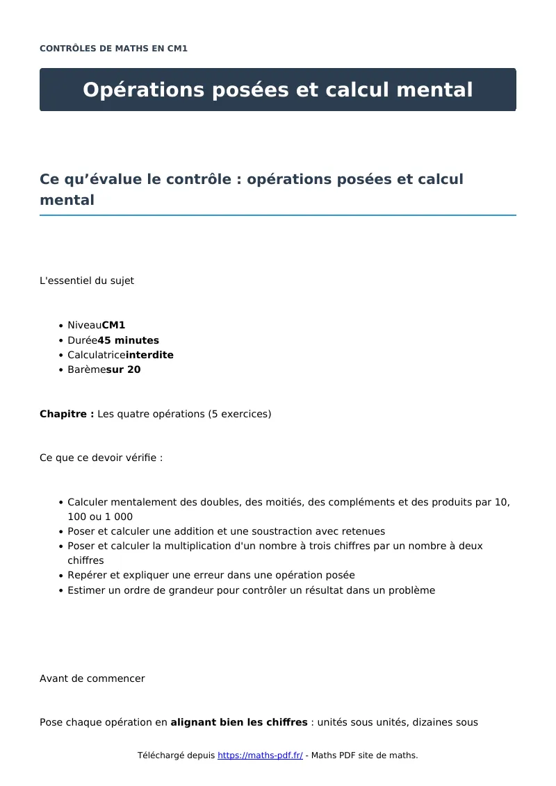 Opérations posées et calcul mental : contrôle de maths en CM1 corrigé en PDF